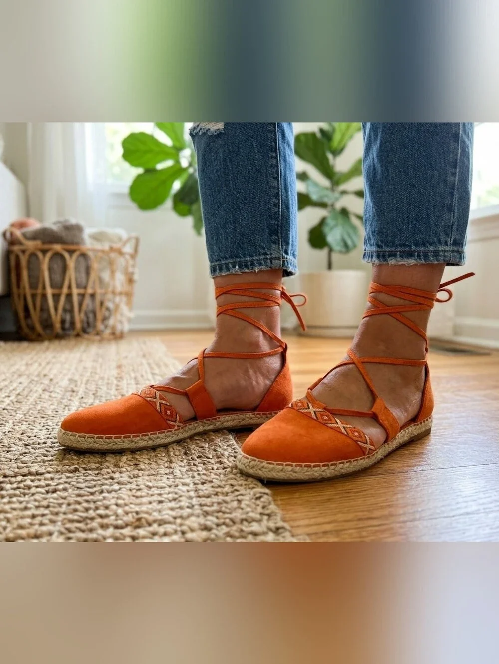 Nine West Women's Orange Suede Espadrille Flats Lace Up Pointed Toe Size 8.5